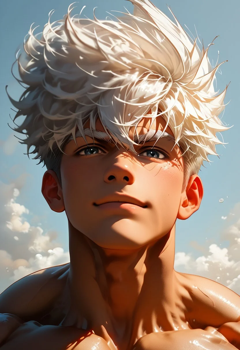 score_9, score_8_up, score_7_up, source_anime, 1boy, male focus,  close up portrait, portrait, face focus, side view, cute smile, happy smile, detail background, white hair, gray eyes, skinny muscular, ((black skin)), ((dark skin)), white eyebrows, beefy bodybuilder.
twink, bodybuilder. sexy face, blushed, cute face. defined body, toned body. massive muscles, 
cute expression, groping self, hyper detailed, analog photo, Cinematic, white tank, beach background