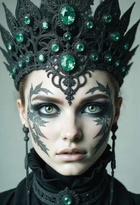 A highly stylized, hyper-realistic portrait of a pale-skinned chrome texture woman with an emotionless, stoic expression as she gazes intensely into the viewer’s eyes. Atop her head rests a symmetrical crown of sleek black metal, adorned with vibrant green diamonds arranged in a flawless, geometric pattern. The crown gleams under soft, focused light, casting vivid reflections that accentuate the sharp, sculpted angles of her face.
Around her neck lies a matching black jewel necklace, encrusted with emerald-green diamonds that shimmer boldly against her porcelain skin, their vivid color creating a stunning visual contrast. A delicate face ornament, known as the 'emerald cascade,' drapes across her face in fine black chains, each adorned with tiny, radiant green diamonds.
The chains trace symmetrical lines over her forehead and cheeks, enhancing the contours of her face while adding an aura of regal mystery. The interplay of soft lighting and high-contrast shadows creates a surreal glow around her, highlighting the opulence of the jewels and the unwavering intensity of her gaze.