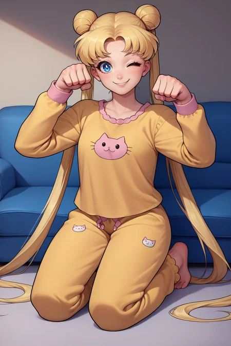 score_9, score_8_up, score_7_up, score_6_up, source_anime, 1girl, solo, <lora:sailormoon-pdxl-nvwls-v1_1-000005:1> slrmn, twintails, double bun, blonde hair, very long hair, blue eyes, parted bangs, paw pose, cat pajamas, yellow pajamas, loose clothes, looking at you, wink, smile, kneeling, couch