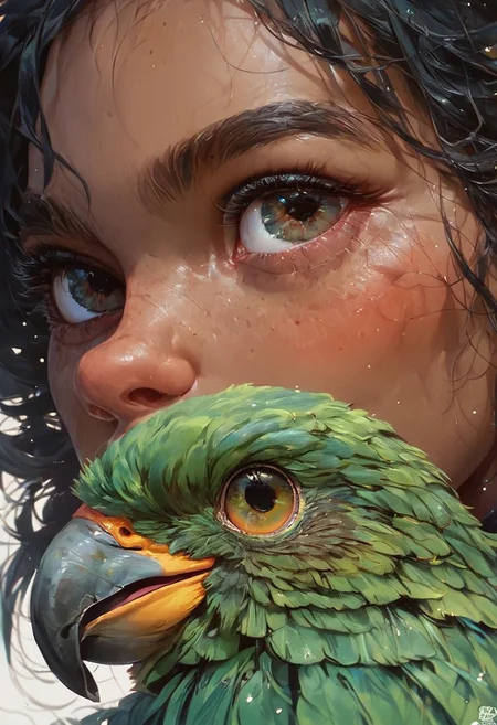 score_9, score_8_up, score_7_up, score_6_up, score_5_up, animalclose-up, 1girl and a green bird, the girl has black hair and dark skin, the bird is a falcon,