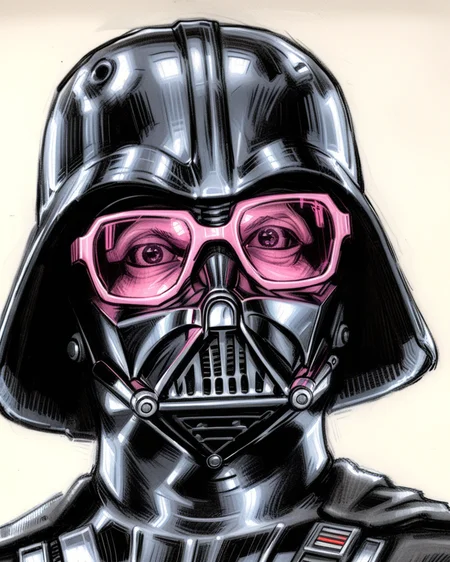 pixeldust_sketch, Darth Vader, (pink sunglasses, glowing sunglasses, close-up, leaning forward, glass reflections)0.85, amazing image, highly artistic,