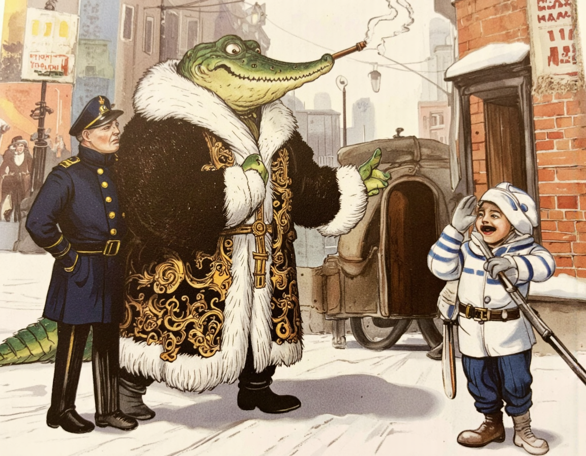 <lora:suteev-000008:1>, Digital painting of a smug, anthropomorphic crocodile dressed in an opulent fur coat with intricate embroidery and golden trim, strutting confidently down a snow-covered street in revolutionary Petrograd. His scales gleam under the pale winter light as he puffs on a thick cigar, a thin spiral of smoke curling upward. A tsarist policeman (gorodovoy) in a dark blue uniform with shiny buttons and a bushy mustache stands stiffly at attention, saluting with nervous deference. Beside him, a rough revolutionary sailor in a striped shirt and tattered cap snaps a half-mocking, half-impressed salute, his eyes wide with amusement., 
The scene is richly detailed yet cleanly stylizedâno shadows, no extra limbs, and crisp, vibrant colors. The cobblestone street is dusted with snow, faint tram tracks visible beneath, while vintage lampposts cast a soft glow. In the background, faded propaganda posters (e.g., 'ÐÐ¾Ð»Ð¾Ð¹ ÑÐ°ÑÑ!') peel off brick walls, and distant silhouettes of 1917 Petrograd buildings complete the setting. The atmosphere is playful and slightly absurd, blending historical satire with classic childrenâs book charm. The crocodileâs smug grin, the policemanâs uneasy posture, and the sailorâs rebellious smirk are all exaggerated for comedic effect, keeping the composition lively and engaging