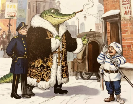 <lora:suteev-000008:1>, Digital painting of a smug, anthropomorphic crocodile dressed in an opulent fur coat with intricate embroidery and golden trim, strutting confidently down a snow-covered street in revolutionary Petrograd. His scales gleam under the pale winter light as he puffs on a thick cigar, a thin spiral of smoke curling upward. A tsarist policeman (gorodovoy) in a dark blue uniform with shiny buttons and a bushy mustache stands stiffly at attention, saluting with nervous deference. Beside him, a rough revolutionary sailor in a striped shirt and tattered cap snaps a half-mocking, half-impressed salute, his eyes wide with amusement.,
The scene is richly detailed yet cleanly stylizedâno shadows, no extra limbs, and crisp, vibrant colors. The cobblestone street is dusted with snow, faint tram tracks visible beneath, while vintage lampposts cast a soft glow. In the background, faded propaganda posters (e.g., 'Ðолой ÑаÑÑ!') peel off brick walls, and distant silhouettes of 1917 Petrograd buildings complete the setting. The atmosphere is playful and slightly absurd, blending historical satire with classic childrenâs book charm. The crocodileâs smug grin, the policemanâs uneasy posture, and the sailorâs rebellious smirk are all exaggerated for comedic effect, keeping the composition lively and engaging