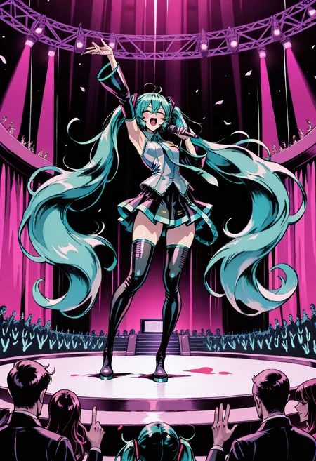 yshinkawa, anime, highly-detailed, best quality, masterpiece, newest, very aesthetic, 1girl, Miku, singing, microphone, stage, audience