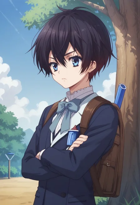 score_9, score_8_up, score_7_up, source_anime, highly detailed,
kazuo, solo, blue eyes, school uniform, bowtie, 1boy, male focus, black hair, shorts, bag, crossed arms, upper body, short hair, backpack,
outdoor, blue sky, tree