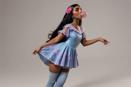 Isabela Madrigal realistic, thighhighs, tight clothes, bubble gum, <lora:2000s_Indie_Sleaze:0.65> <lora:princess_pony_v1(1):0.55> fine fabric emphasis,, score_9, score_8_up, score_7_up, score_6, score_5, score_4,