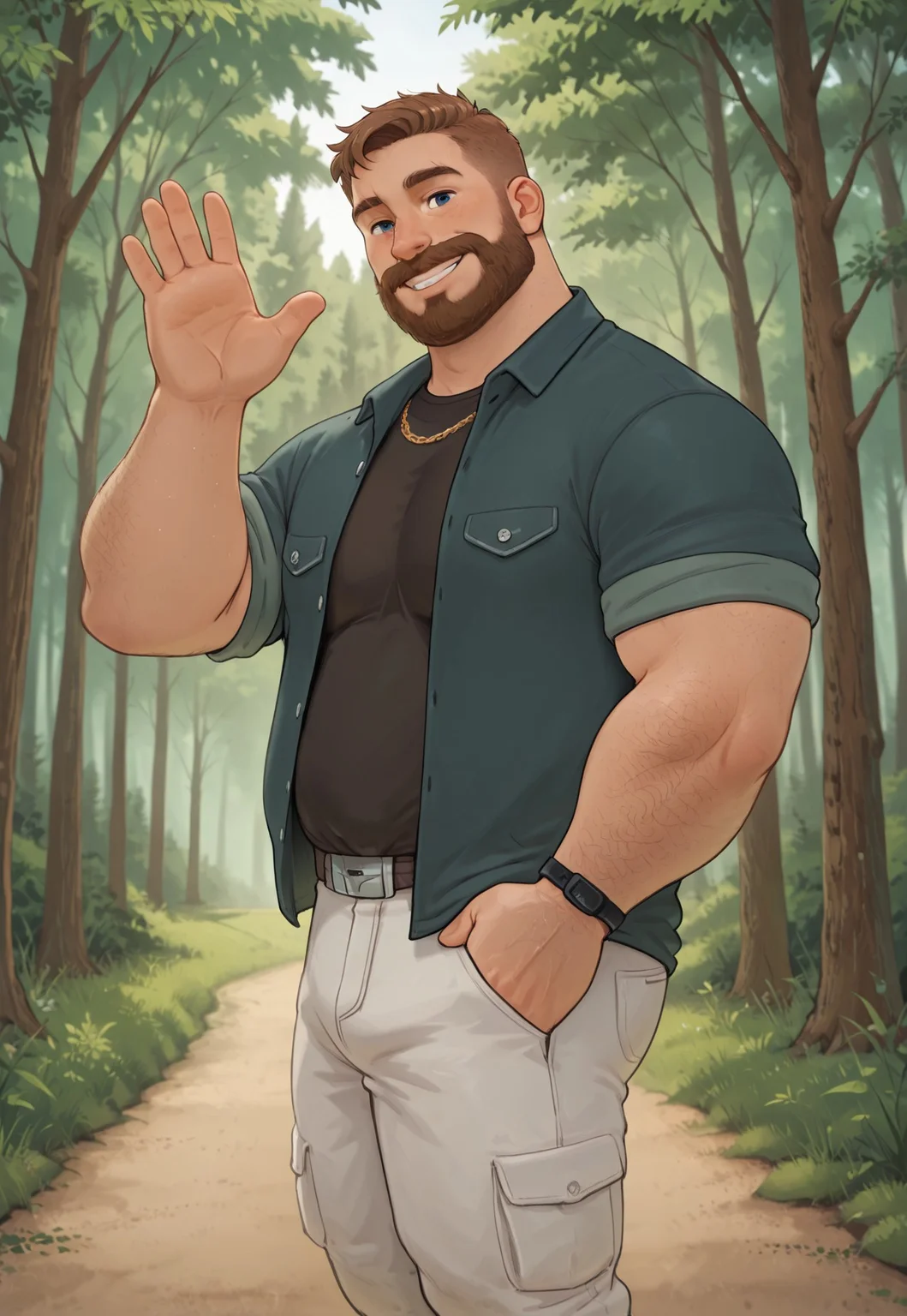 high quality, high detail, best quality, 1boy, solo, male focus, bara, MarkCI, brown hair, short hair, freckles, eyebrow cut, scar on eyebrow, scar over eye, face scar, dark blue eyes, beard, facial hair, mature male, plump, burly, body hair, hairy, MarkSpring, blue open shirt, black t-shirt, gold chain necklace, white pants, black watch, feet out of frame, smile, looking at viewer, waving, forest, outdoors, <3, from side, close-up