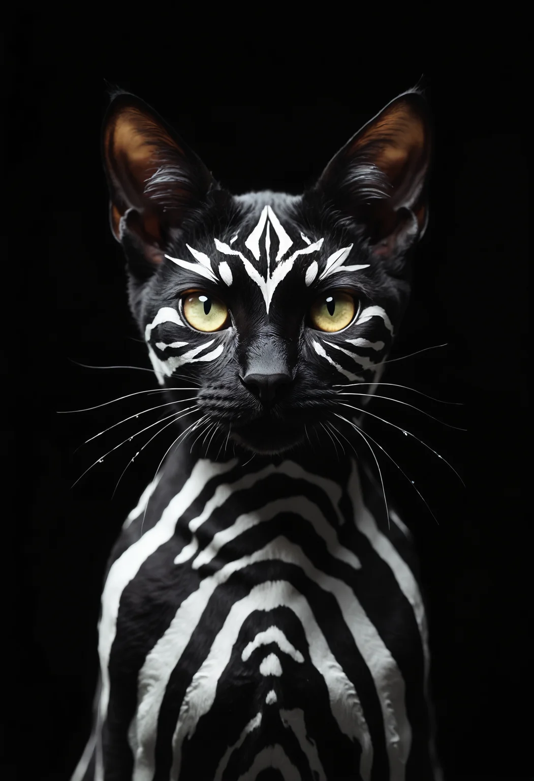 Hyperrealistic close-up portrait of a domestic shorthair cat with striking, artificially painted geometric patterns. The cat's face and upper body are covered in bold, precise white stripes and shapes against its natural black fur, creating a mesmerizing optical illusion. The pattern features straight lines, right angles, and symmetrical designs reminiscent of tribal or futuristic art.
The cat's piercing, almond-shaped eyes stand out against the black and white contrast, conveying a sense of mystery and quiet intensity. Its ears are perked forward, alert and attentive. The cat's small, pink nose is perfectly centered, providing a subtle touch of color amidst the monochrome design.
Shot against a pure black background, the lighting is dramatic and high-contrast, emphasizing the stark black and white patterns. The illumination highlights the sleek texture of the cat's short fur and the reflective quality of its eyes.
Every detail is captured with precision: individual whiskers, the subtle variations in the cat's skin texture, and the crisp edges of the painted patterns. The image is composed as a head and shoulder shot, filling the frame with the feline's uniquely adorned face and upper body.
The overall effect is a striking blend of feline grace and artificial design, creating an image that is both elegant and surreal, captured with the clarity and depth of a high-end fashion or wildlife photograph. The cat's inherent air of mystery is amplified by the enigmatic geometric patterns, resulting in a visually arresting portrait.