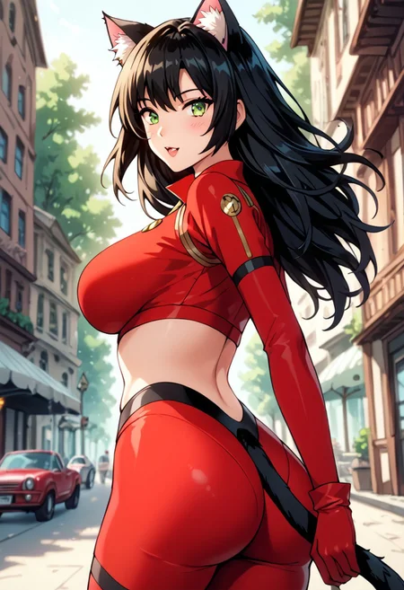 score_9, score_8_up, score_7_up, woman catgirl, cat ears, black cat ears, fuzzy cat tail, black tail, black long tail, 8k, masterpiece, high quality, highly detailed, professional, shallow depth of field, long hair, green and brown eyes (perfect eyes), perfect face, black hair, wide midriff, wearing red pilot bodysuit with black stripes, pilot suit, red pilot suit (black stripes), cowboy shot, dutch angle, best quality, best illumination, best shadow, an extremely delicate and beautiful, finely detail, depth of field, classic, highres, perfect lighting, colorful, large breasts, natural breasts (large), big ass, 23 years old woman, big booty, big ass, german, natural beauty, alluring, clean skin, white skin PG, outdoors, nature park, ninas twin sister, sharp, standing, pov front poses, in loving, loving, romantic, cheery, cheerful, modest, tail on but