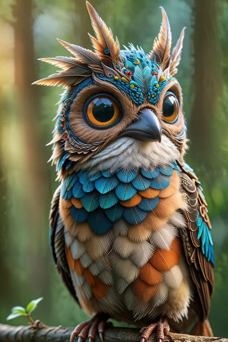(Enchanted forest guardian, digital fantasy art, vibrant colors, intricate details, mystical atmosphere, nature-inspired design, Studio Ghibli influence:1.4),The image is of a bird. The bird has two pointy horns on its head. The face of the bird is blue. The eyes are large and black. The beak is small and pointy. The feathers on the bird are brown and tan. There are small holes in the bird's feathers. The background of the image is blurred. There is a little bit of green in the background.