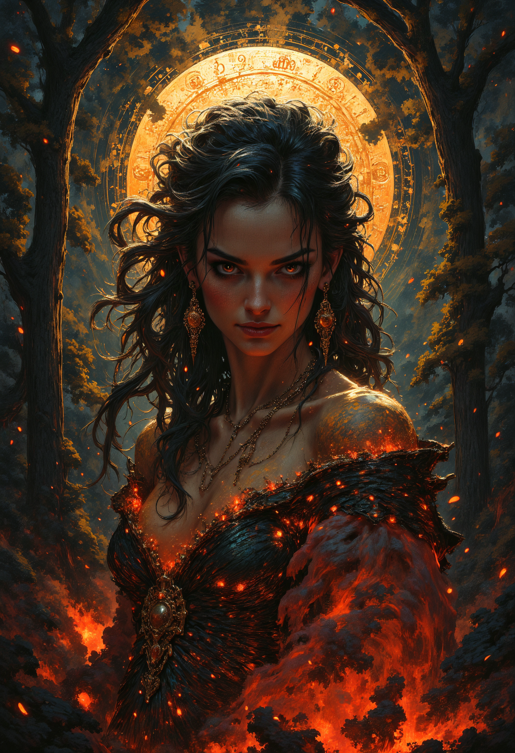 A masterfully crafted stunning image of a serpentine empress with scales adorned in delicate gold filigree, her long unbound hair rippling like ink in water, Her smile is hypnotic and unnerving as if she knows a terrible secret, The camera captures her mid-turn as glowing serpent sigils hover around her, Style is High-Fantasy Erotica with subtle Gothic undertones, warm and cool color contrasts, glowing effects, moody forest background, (elaborate fine details:1.1), (hyperdetailed:1.1), (intricate details:1.0), (Refined details:1.1), (best quality:1.1), (high resolution:1.2) ,