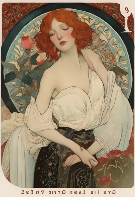 art déco, ((rose petals)), ((courtesan)), pale female with wild red hair, revealing greek tunic, (((curved dagger in hand))), bloody hands, mesmerizing gaze, laying on roses and blood, glass of red wine,