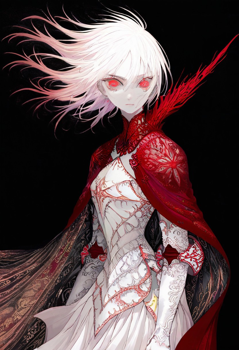 solo, looking at viewer, red-colored eyes, black background, 1woman, long white hair, extremely pale skin, serious, all white armor (pure white), vibrant long red cloak, masterpiece, best quality, very aesthetic, absurdres
 <lora:monfornoob:0.95>