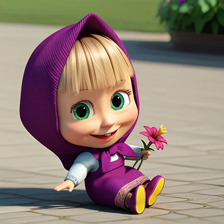score_9, score_8_up, score_7_up BREAK MashaB, 1girl, short blonde hair, blunt bangs, green eyes, buckteeth, purple headdress, sleeveless purple dress, long-sleeved white shirt, purple shoes, yellow outsoles, chibi, source_3d, 3d, cgi, source_cgi, full body, solo, solo focus, alone, happy at viewer, flower garden background, flower garden outdoors,