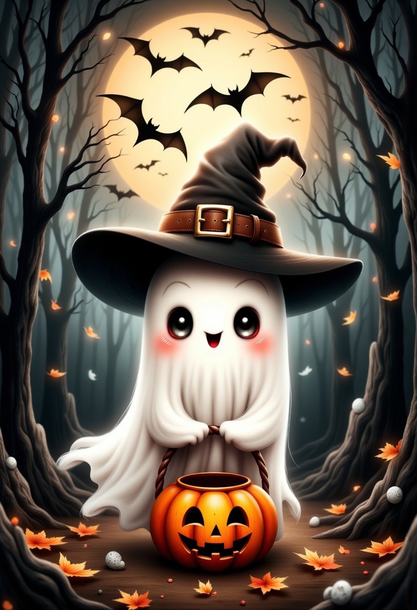 Whimsical, illustrated Halloween-themed image featuring a cute ghost character. The ghost is depicted with a friendly expression, having large, round eyes and a stitched smile. It wears a tall, pointed witch's hat adorned with a brown belt and gold buckle. The ghost holds a pumpkin-shaped basket with a carved jack-o'-lantern face. The background is a dark, eerie forest with leafless trees and scattered autumn leaves. A large, glowing full moon illuminates the scene, casting a warm light. Several silhouetted bats fly across the moon, enhancing the spooky atmosphere. The color palette consists of muted earth tones, with shades of brown, orange, and gray, creating a cozy yet mysterious ambiance.