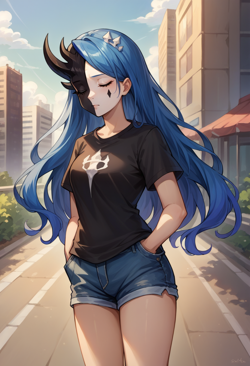 score_9, score_8_up, source_anime, 1girl, solo, KoDLoboCorp, two-tone face, black skin, white skin, asymmetrical horns, closed eyes, teardrop facial mark, long hair, starry hair, tilted crown, t-shirt, denim shorts, standing, outdoors, city, hands in pockets, <lora:ChamKnightOfDespairPonyXL:1>