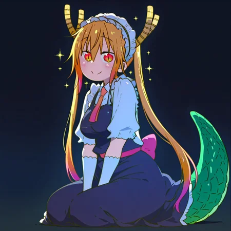 masterpiece, best quality, simple illustration, Tohru, Tohru_(Maidragon) , full body, solo, dark background, sparkles, vivid colors, tail ,happy, sitting, Main Outfit, looking to viewer