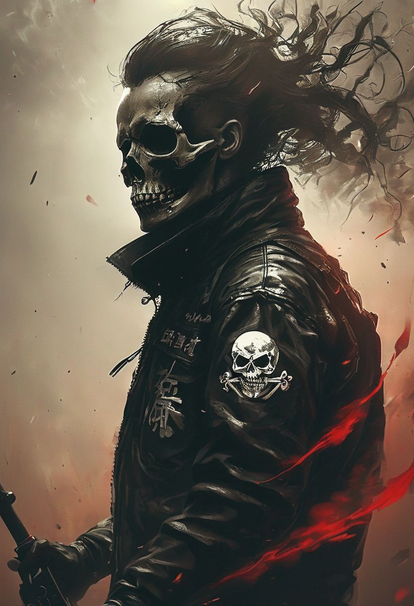photorealistic, assassinkahb style, amazing quality, masterpiece, best quality, hyper detailed, ultra detailed, UHD, perfect anatomy, portrait, dof, hyper-realism, majestic, awesome, inspiring, a black and white photo of an assassin wearing a motorcycle jacket with japanese writing on the back, solo, simple background, skull, white background, jacket, monochrome, upper body, greyscale, male focus, long hair in wind, weapon, clothes writing, skull, skeleton, japanese flag, cinematic, global illumination, dramatic, tearing the sky, atmospheric haze, cinematic composition, soft shadows,