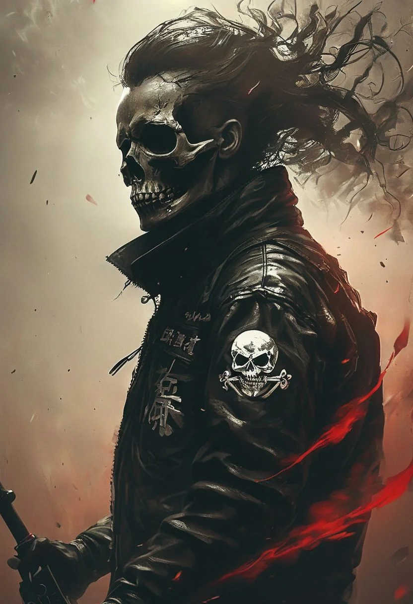 photorealistic, assassinkahb style, amazing quality, masterpiece, best quality, hyper detailed, ultra detailed, UHD, perfect anatomy, portrait, dof, hyper-realism, majestic, awesome, inspiring, a black and white photo of an assassin wearing a motorcycle jacket with japanese writing on the back, solo, simple background, skull, white background, jacket, monochrome, upper body, greyscale, male focus, long hair in wind, weapon, clothes writing, skull, skeleton, japanese flag, cinematic, global illumination, dramatic, tearing the sky, atmospheric haze, cinematic composition, soft shadows,