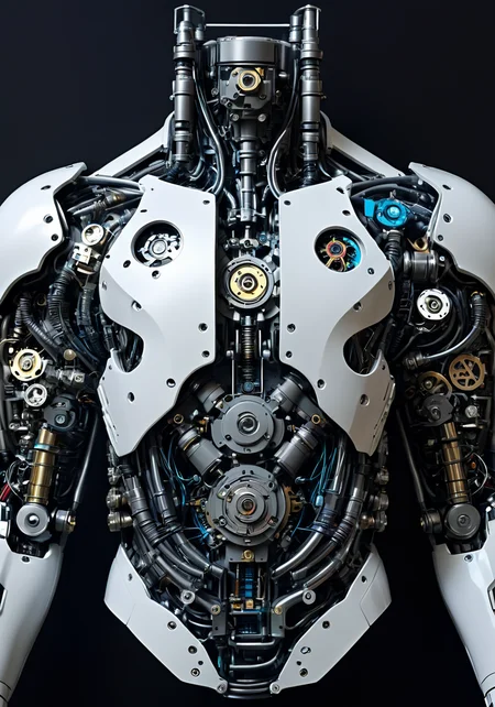a diagram of a cybernetic torso, <lora:excybertechsdxl:0.6>, excybertechsdxl, best quality, masterpiece, mechanical parts, detailed, intricate