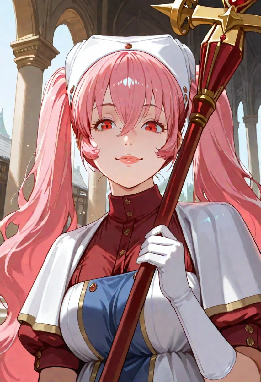 G0thicL1nes masterpiece, best quality, amazing quality, good quality,
heith velvet, long hair, pink hair, twintails, hair between eyes, red eyes, kind eyes, soft lips, luscious lips, lip gloss, gently smile, medium breasts, puffy sleeves, short sleeves, white gloves, 1girl, holding staff, looking at viewer, large breasts, dress, hat, indoor, temple,