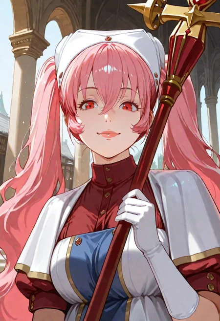 G0thicL1nes masterpiece, best quality, amazing quality, good quality,
heith velvet, long hair, pink hair, twintails, hair between eyes, red eyes, kind eyes, soft lips, luscious lips, lip gloss, gently smile, medium breasts, puffy sleeves, short sleeves, white gloves, 1girl, holding staff, looking at viewer, large breasts, dress, hat, indoor, temple,