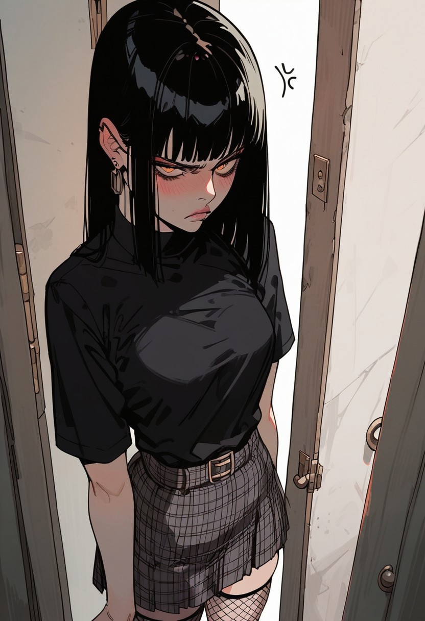 score_9, score_8_up, score_8. score_9, score_8_up, score_7_up, score_6_up, masterpiece, 4k, high quality, (best quality:1.1), sinozick_style, perfect lighting,
1girl, 
(20 year old female, black hair, hime haircut, bangs, straight hair, long hair, brown eyes, makeup, earrings, small perky breasts, 
ExpressiveH, slim face, slightly fit body,  detailed eyes, perfect sexy face, perfect body, pale-skinned female, fair-skinned female, blushing, small waist, small shoulders, slim hips, perfect small round butt: 1.4), 
(standing in hallway, in front of door, college dorm: 1.4),
(fishnet stockings, red and black plaid skirt, loose black shirt:1.3), annoyed expression,
(standing pose, view from above, : 1.2), standing, view from above,