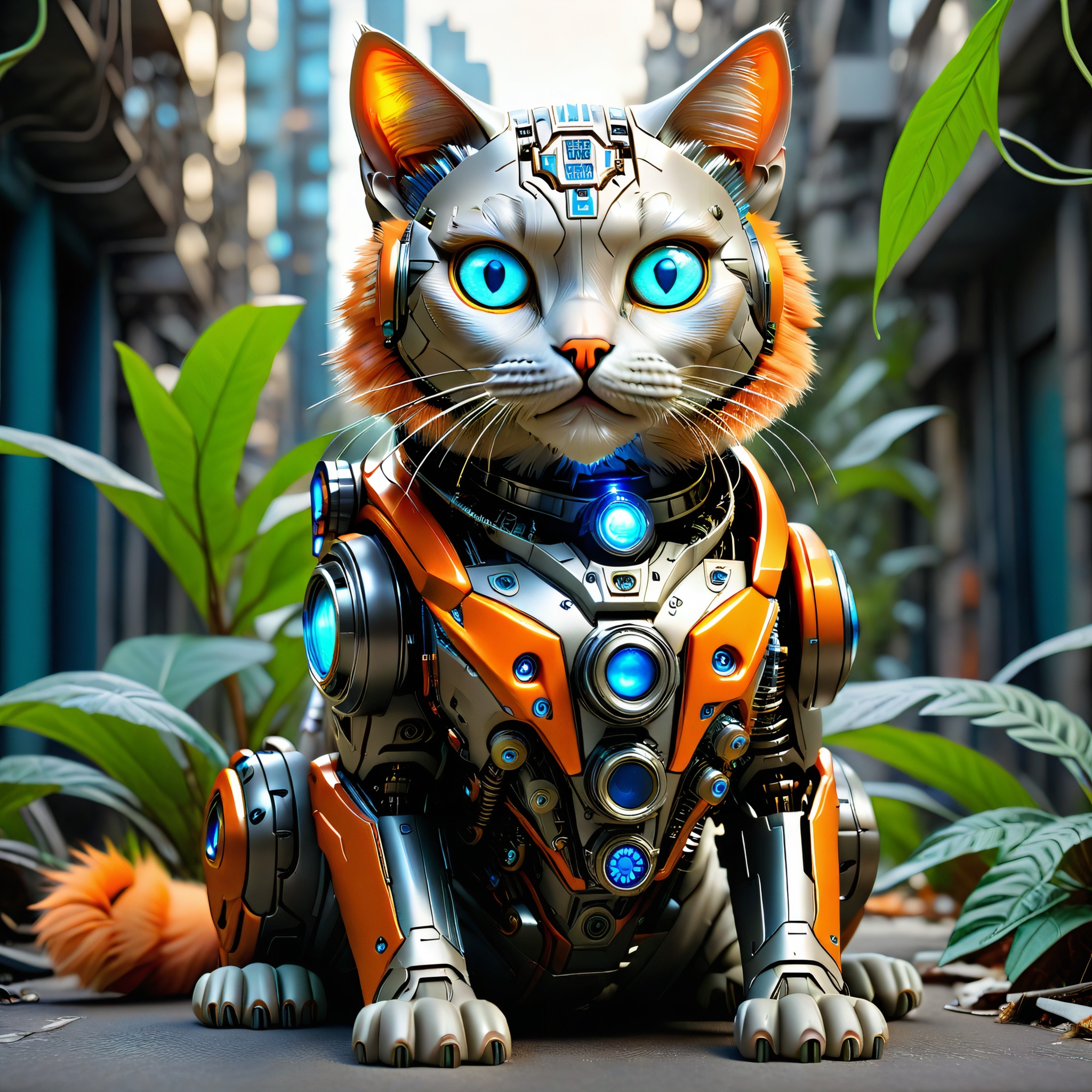 sitting hybrid full bio-mechanical cat with orange plastic fur and blue glowing camera eyes in the streets of a futuristic mega city in the jungle