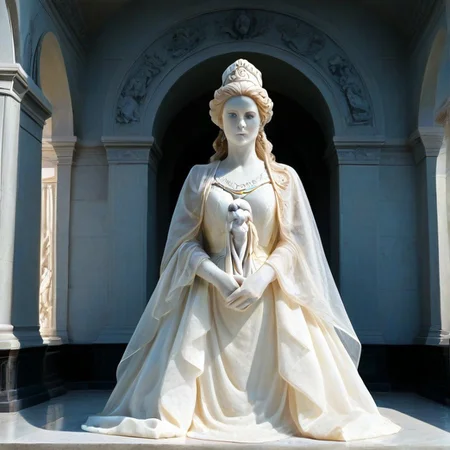 (1girl, solo:1.3), prenatal finch crystal, a unseemly sedan, by Morski Igor, An American propaganda, The Veiled Virgin Statue by Romney George covered in unimportant cellophane centered in a Petra, colourful, score_9, score_8_up, score_7_up, masterpiece, best quality, very aesthetic