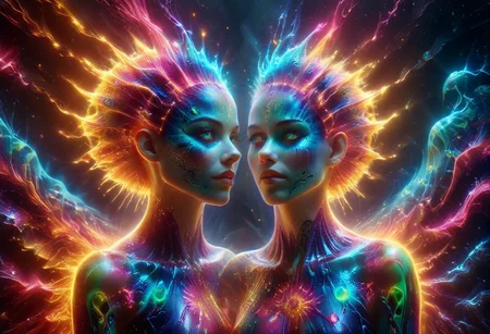 a full body fire entity girl with multicolored flames, purple and blue lights, green and blue flames, pink energy electric eyes, professional photography of an fantastical creature, young woman, shaved head Finely detailed, in a solarpunk environment, looking at viewer, solo, headwear removed, realistic, night blue sky, own hands, spooky makeup, entirely made of stars and galaxies, cyber light trails with whimsical elements, swirling magic, eerie fairytale landscape, elaborate fantasy style art, very colorful, intricate details, ultra sharp, exquisite detail, flawless composition, vivid colors, masterpiece, exciting background, psychedelicai, made out of,colorful,liquid,Murano Art Glass, GlowingInk, mad-glowtiedye, glowneon, glowing, sparks, lightning