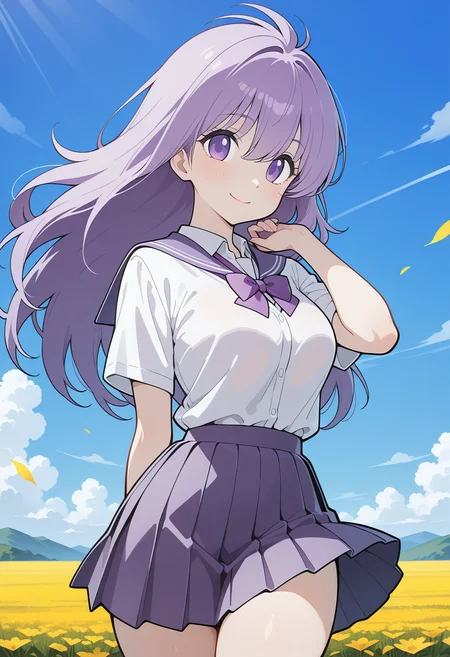 konamilady, purple eyes, purple hair, long hair, school uniform, pleated skirt, <lora:konamilady_illustrious_ver1:0.7>
smile, 1girl, solo, (field:1.2), (blue sky:1.2), looking at viewer,, masterpiece, best quality, general,, (cowboy shot, dynamic pose:1.4),