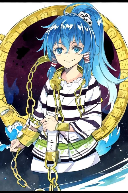 solo, 1girl, solo_focus, ((too many)):16, 
watercolor (medium), traditional media, 
miyadeguchi_mizuchi, solo, 1girl, smile, shirt, long_sleeves, skirt, hair_ornament, teeth, ponytail, chain, cuffs, blue_hair, shackles, long_hair, chains, striped_shirt, striped, skull_hair_ornament, blue_eyes, hair_tubes, bags_under_eyes, ghost, glowing_eyes, wide-eyed, spirit,