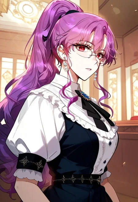 zPDXL3, score_9_up, score_8_up, score_7_up, (Anime_source), 1girl, DeborahSeymour, red eyes, purple hair, long hair, Lecture clothes, ponytail, glasses, looking at viewer, parted lips, academy school, from side,