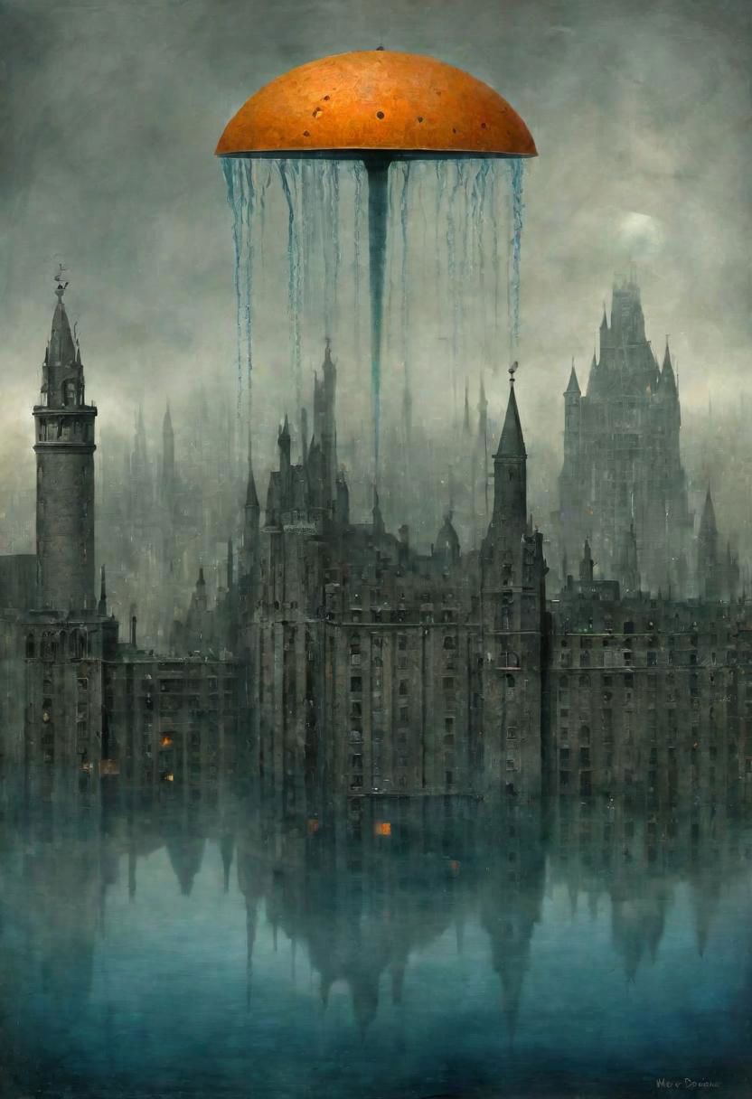 Neo Surrealism, overwhelmed by reason, by Gabriel Pacheco and Max Ernst, existential residues dark shines surrealism, deep blue, gray and orange color scheme, fantasy Victorian art, magical realism bizarre art, pop surrealism, like Alice in wonderland, whimsical art. Climate Change Apocalypse: A submerged cityscape, partially submerged under rising tides, with skyscrapers half-drowned and choked by encroaching waters.