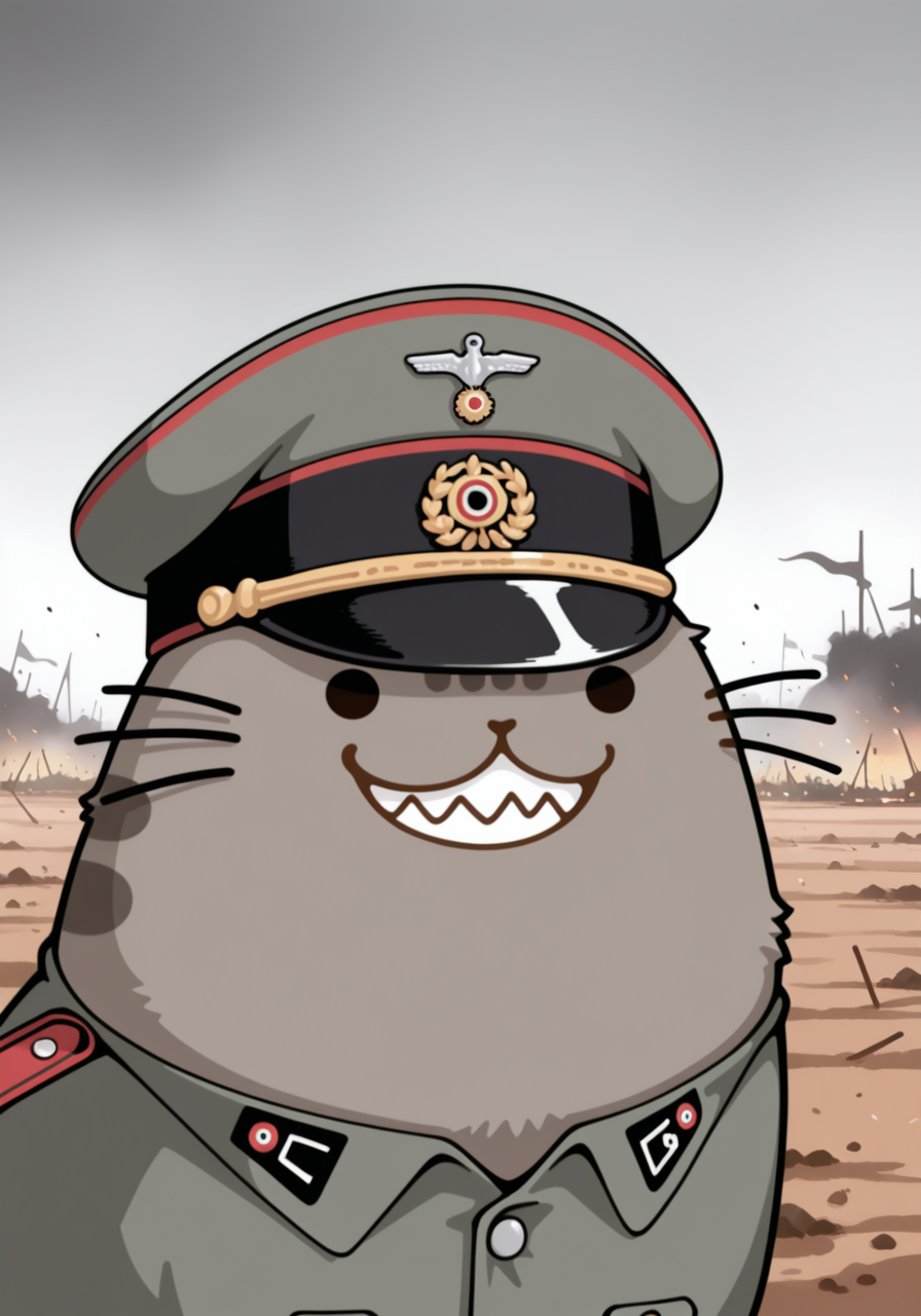 embedding:IllusP0s, pusheen, ww2 german uniform, hugo boss, grey military uniform, military hat, evil grin, battlefield, no humans, solo, cute, military shirt,<lora:PusheenIXL.safetensors:0.8:0.8>