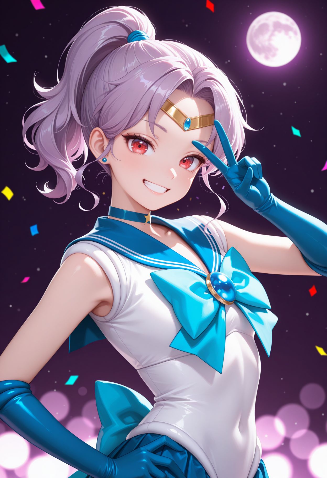 masterpiece,best quality,absurdres,highres,very aesthetic,high quality,detailed,insanely detailed,beautiful,perfect lighting, ,depth of field,blurry background,bokeh, looking at viewer, 
 <lora:Sazanka Illu:1> 1girl, purple hair, parted bangs, ponytail, red eyes, forehead,  sailor mercury (cosplay), grin, 
blue skirt, white leotard, blue sailor collar, brooch, blue gloves, elbow gloves, circlet, v over eye, looking at viewer, back bow, hand on own hip, moon, dark background, purple background, confetti, stars close portait, upper body, smile,