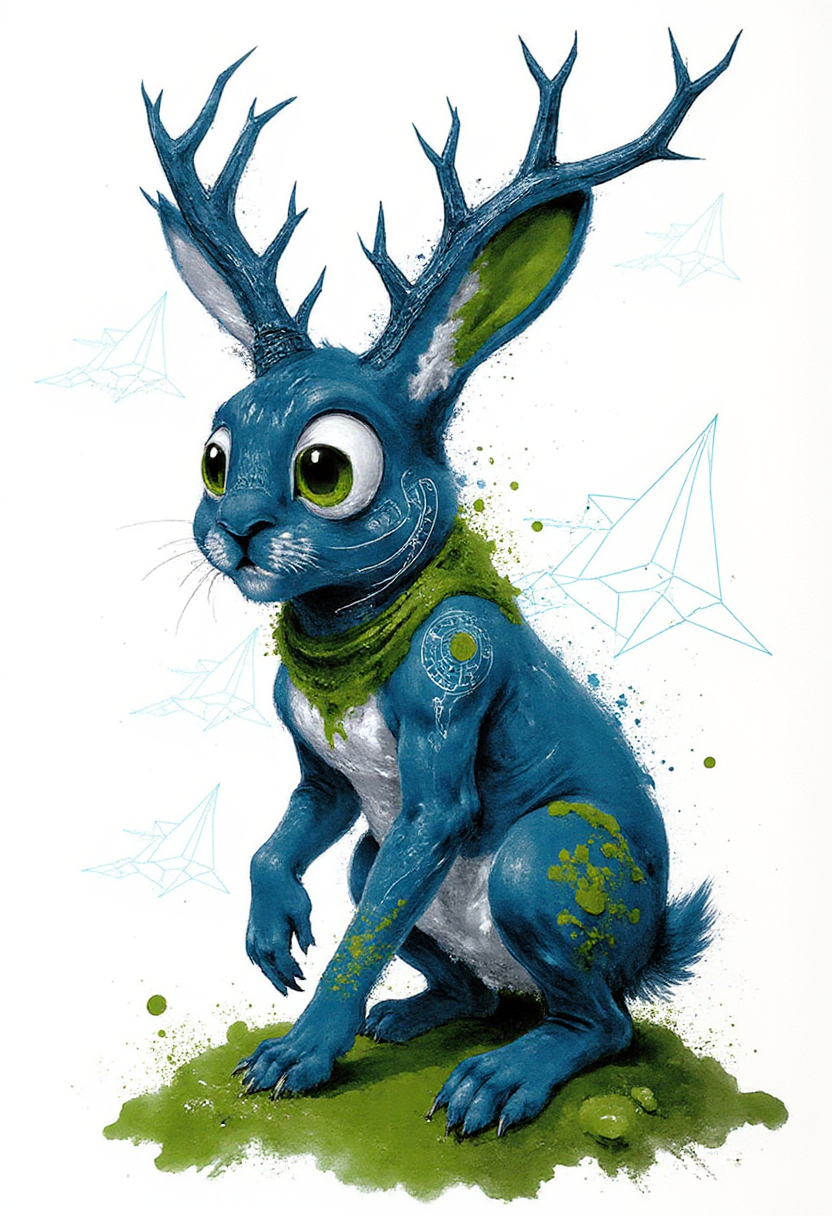 Digital drawing that combines elements of surrealism and modern art. The central figure is a stylized, three-dimensional representation of a wide-eyed ghostly rabbit with tangled antlers and mossy fur, with striking details rendered in various shades of cobalt blue and moss green
CreeepyCuteMagic