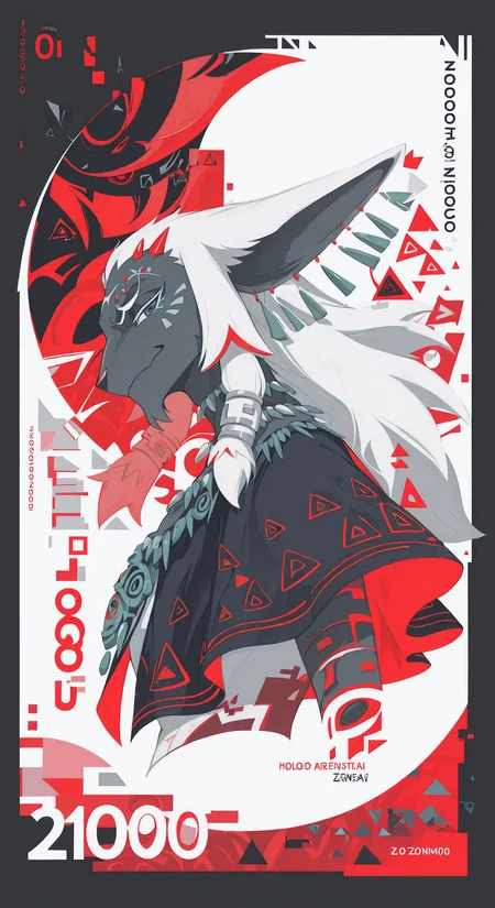 100,
<lora:[Style - IL] R50 Banknote Style:1> r50_banknote, english text, big text, number, 
glitch,abstract,minimalism,holographic
upper body,cropped torso,
looking at viewer,
from side, profile,
abstract background, shapes,
red theme,
black theme,white theme,
<lora:[Char - IL] Zelda - Rauru (R1E20):0.8> totk_rauru, smirk, closed mouth, raised eyebrow, humanoid, anthro, male focus, capelet, zonai necklace,
masterpiece, best quality,