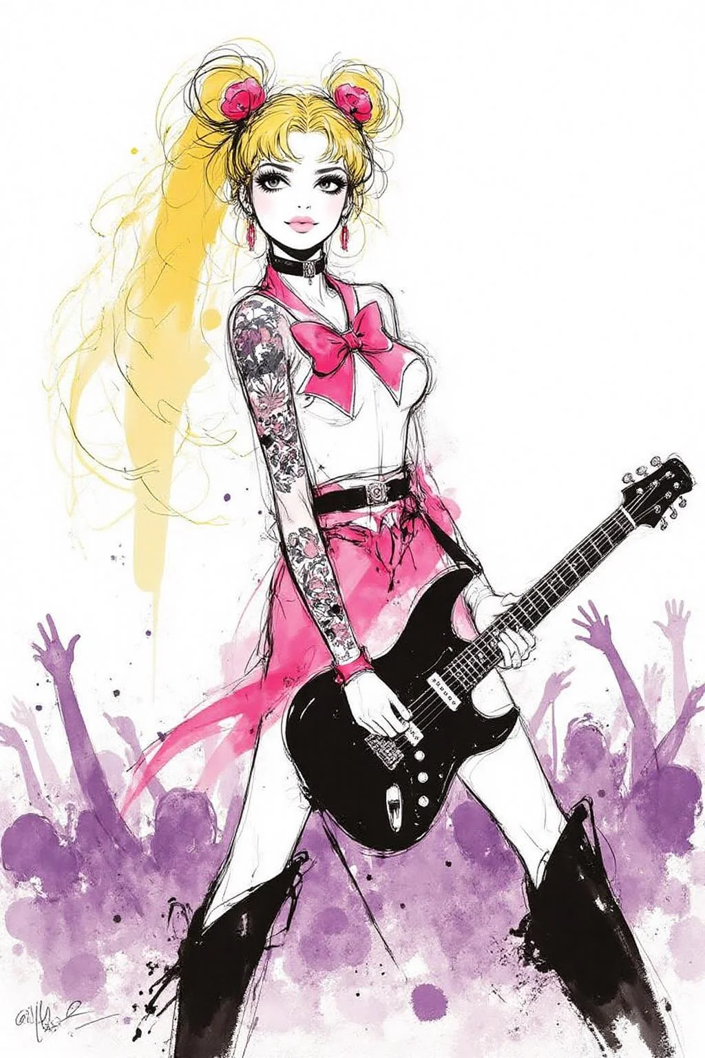 nijiwc1 ink wash brush style illustration of punk sailor moon playing a guitar at a heavy metal mosh pit, tattoos, pearcing.. The background is a stark white <lora:inkwash_niji_nocap_d6a3:1.0><lora:806938756503468828:0>
