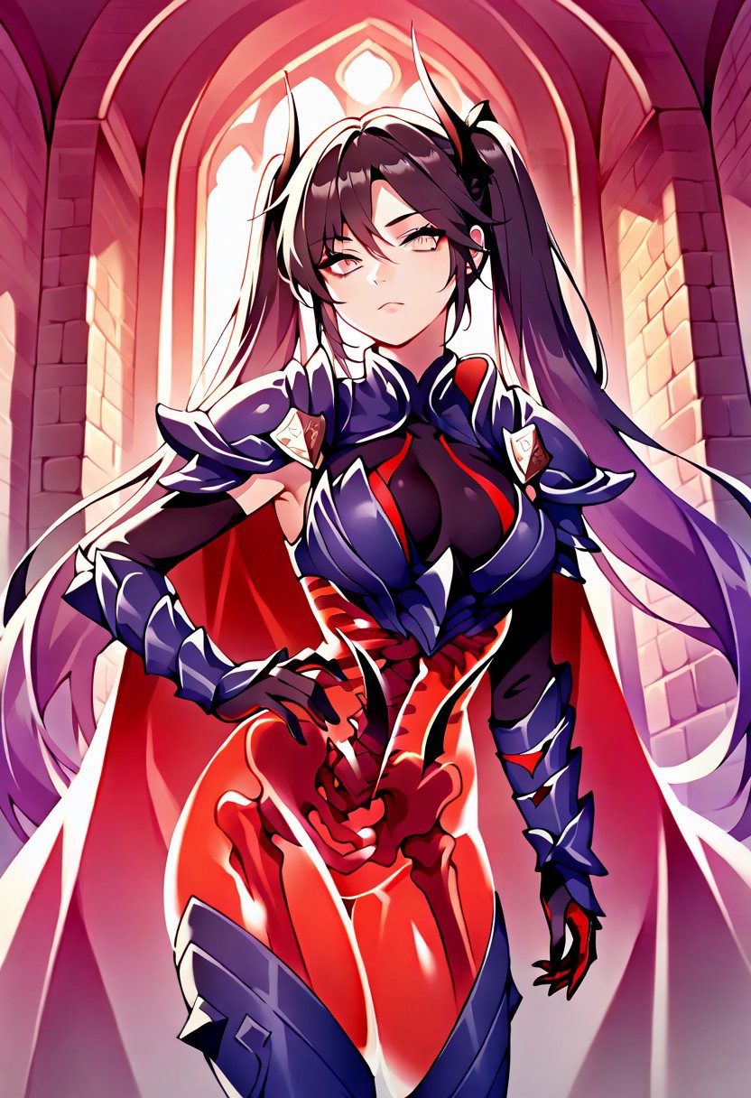 masterpiece, best quality, 1girl, solo, horns, red body, see-through body, skeleton, zzMona, grey eyes, hair between eyes, black hair, hair ornament, long hair, purple hair, twintails, very long hair, armor, breastplate, shoulder armor, gauntlets, thigh boots, high heels, cape, looking at viewer, hand on hip, cowboy shot, indoors, castle, stone walls