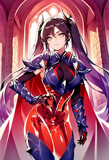 masterpiece, best quality, 1girl, solo, horns, red body, see-through body, skeleton, zzMona, grey eyes, hair between eyes, black hair, hair ornament, long hair, purple hair, twintails, very long hair, armor, breastplate, shoulder armor, gauntlets, thigh boots, high heels, cape, looking at viewer, hand on hip, cowboy shot, indoors, castle, stone walls