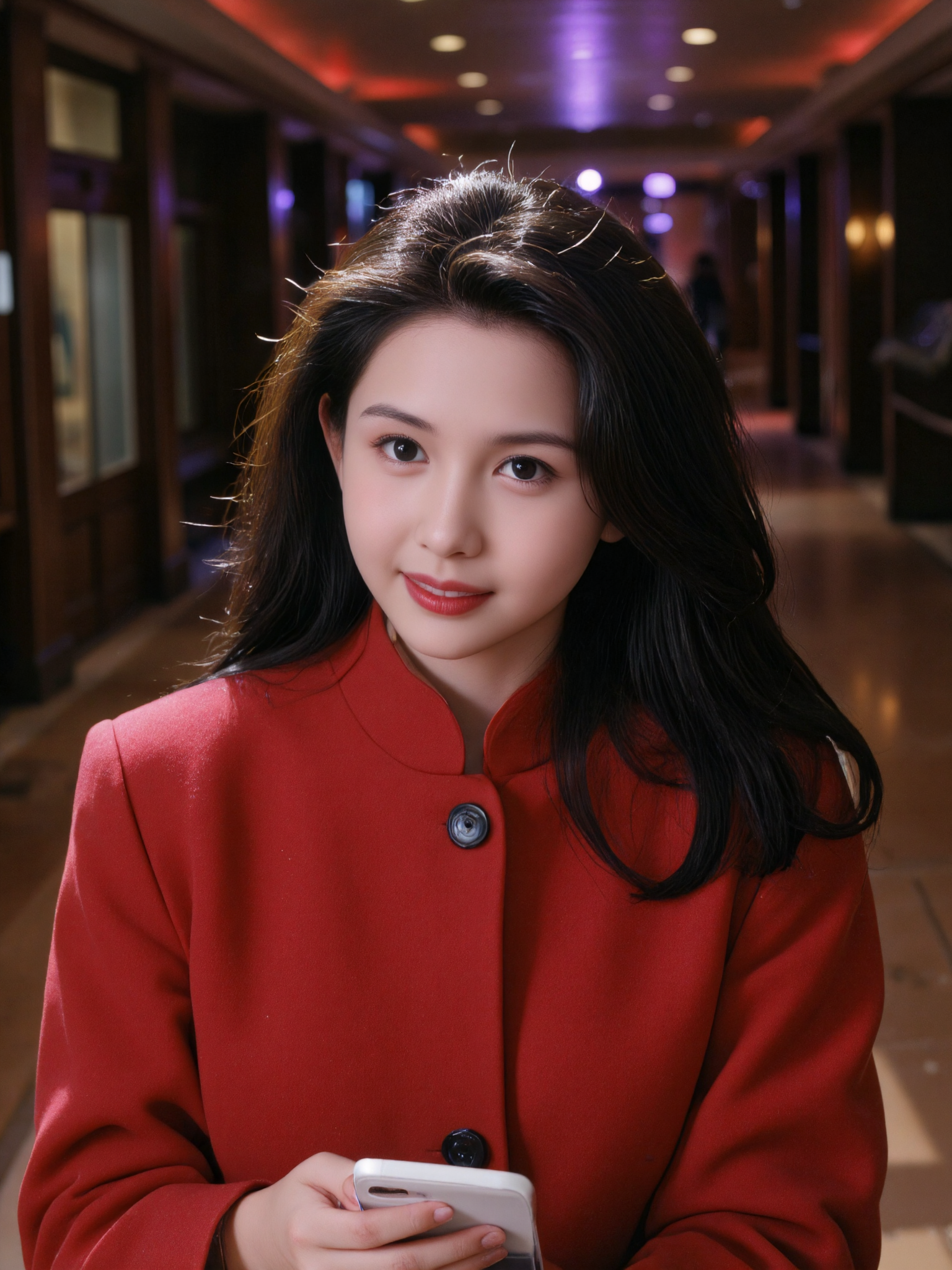 This is a high-resolution photograph featuring a young Asian woman with long, straight black hair and a fair complexion. She is wearing a vibrant red coat with a high, structured collar that outlines her neck and shoulders. The fabric has a smooth, lightly textured finish, with natural folds cascading across her sleeves and chest.

She holds a white smartphone gently in her right hand, resting it casually against her coat. Her head is turned slightly to the side, her gaze directed thoughtfully into the distance beyond the frame. A faint, soft smile lingers on her lips, blending warmth with a quiet, introspective mood. Gentle indoor lighting caresses her face and clothing, creating a clear but subdued highlight along her features.

The background shows a dim, colorful indoor space — muted reflections of red, purple, and gold lights spread across polished floors and walls. No figures are visible, emphasizing the emptiness of the environment. The combination of vibrant light and sparse surroundings enhances the sense of solitude, with her distant gaze suggesting a story unfolding beyond what is seen.

