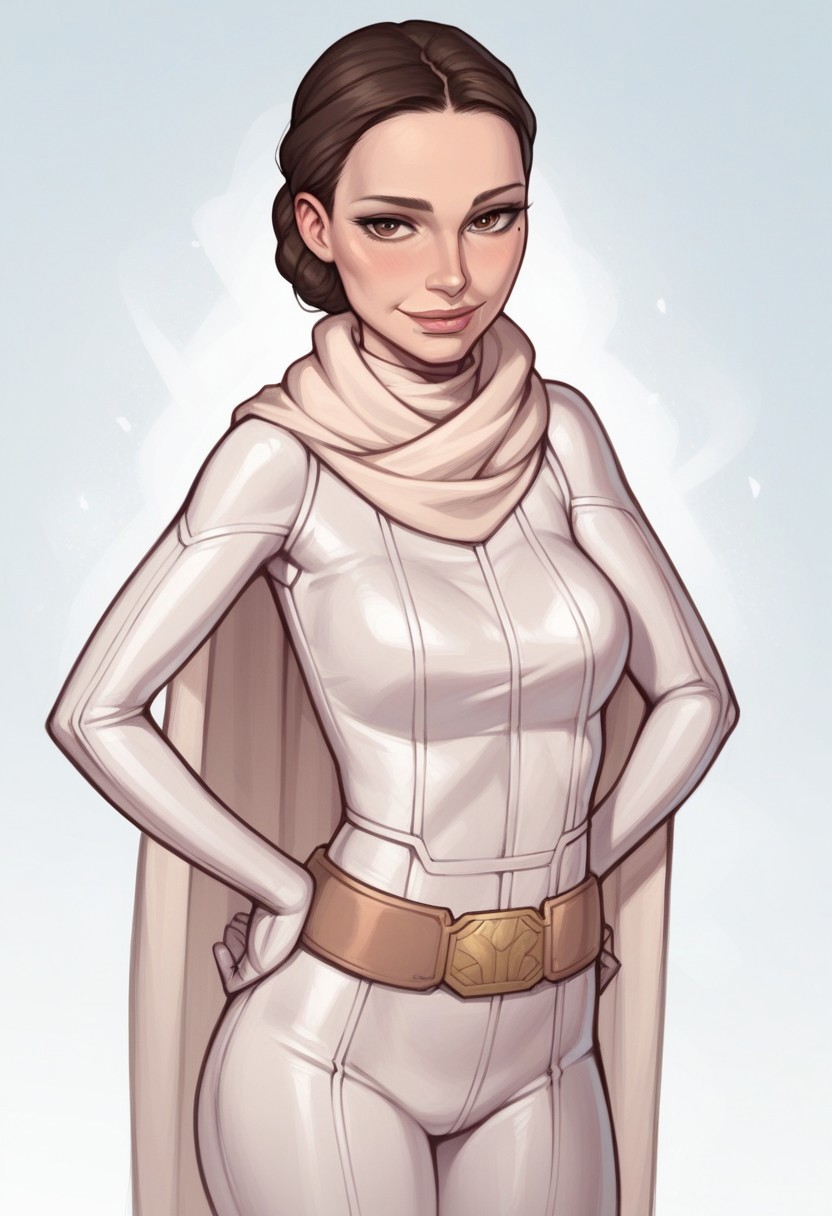 score_9, score_8_up,score_7_up, score_6_up, score_5_up, score_4_up,
(realistic lighting), padme amidala, cute face, (big eyes:0.7), (mole under eye), horny, sexy look, (seductive smile:1), perfect body, (medium breasts:0.9), sexy pose, (smile:1.1), confident, (arms on hips:1.2), brown eyes, perfect eyes, thin, linnen clothes,  bodysuit, (white bodysuit:1.2), (slim thighs:1.2), (skin tight:1.4), white clothes, (padme bodysuit:1.2), (large scarf around neck:1.1), (large scarf:1.4), (white scarf:1.4), (cape:1.2), beige belt, blaster holstered