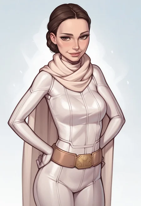 score_9, score_8_up,score_7_up, score_6_up, score_5_up, score_4_up,
(realistic lighting), padme amidala, cute face, (big eyes:0.7), (mole under eye), horny, sexy look, (seductive smile:1), perfect body, (medium breasts:0.9), sexy pose, (smile:1.1), confident, (arms on hips:1.2), brown eyes, perfect eyes, thin, linnen clothes,  bodysuit, (white bodysuit:1.2), (slim thighs:1.2), (skin tight:1.4), white clothes, (padme bodysuit:1.2), (large scarf around neck:1.1), (large scarf:1.4), (white scarf:1.4), (cape:1.2), beige belt, blaster holstered