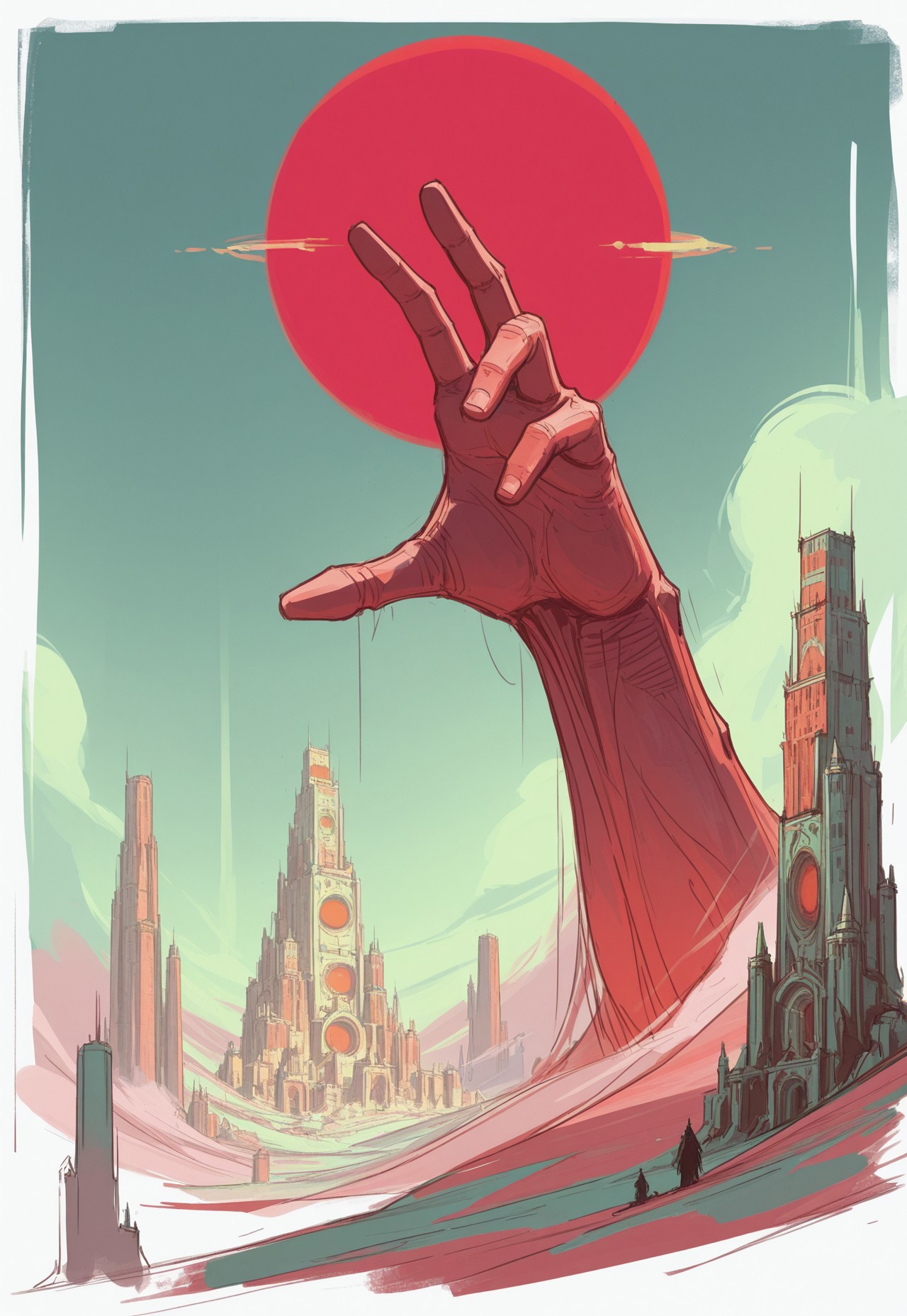 concept art, sketch, towers, giant hand, red sun