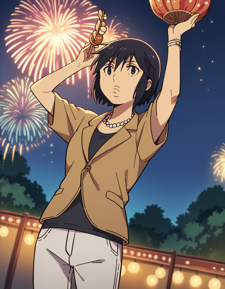 score_9, score_8_up, score_7_up, source_anime, <lora:sachiko-fujinuma-s1-ponyxl-lora-nochekaiser:1>, sachiko fujinuma, short hair, black hair, black eyes,, jewelry, jacket, pants, necklace,, festival, fireworks, summer night, food stall, traditional, arms up,, , , arm holding an object, solo,, cowboy shot, dutch angle