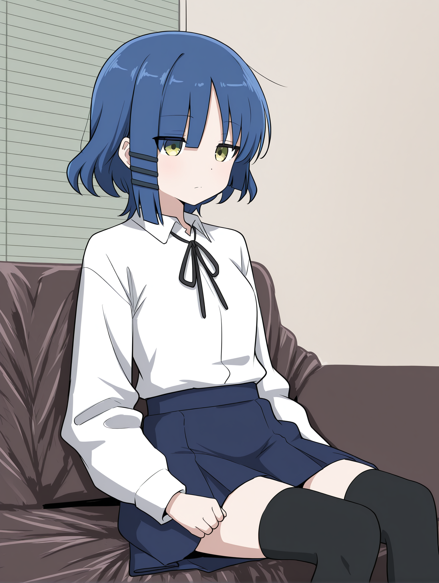 1girl,solo,yamada ryo,white shirt,blue skirt,black thighhighs,senpai's interview,sitting,cowboy shot,on couch,indoors,masterpiece,best quality,amazing quality,<lora:senpai_interview_ilxl:1>,