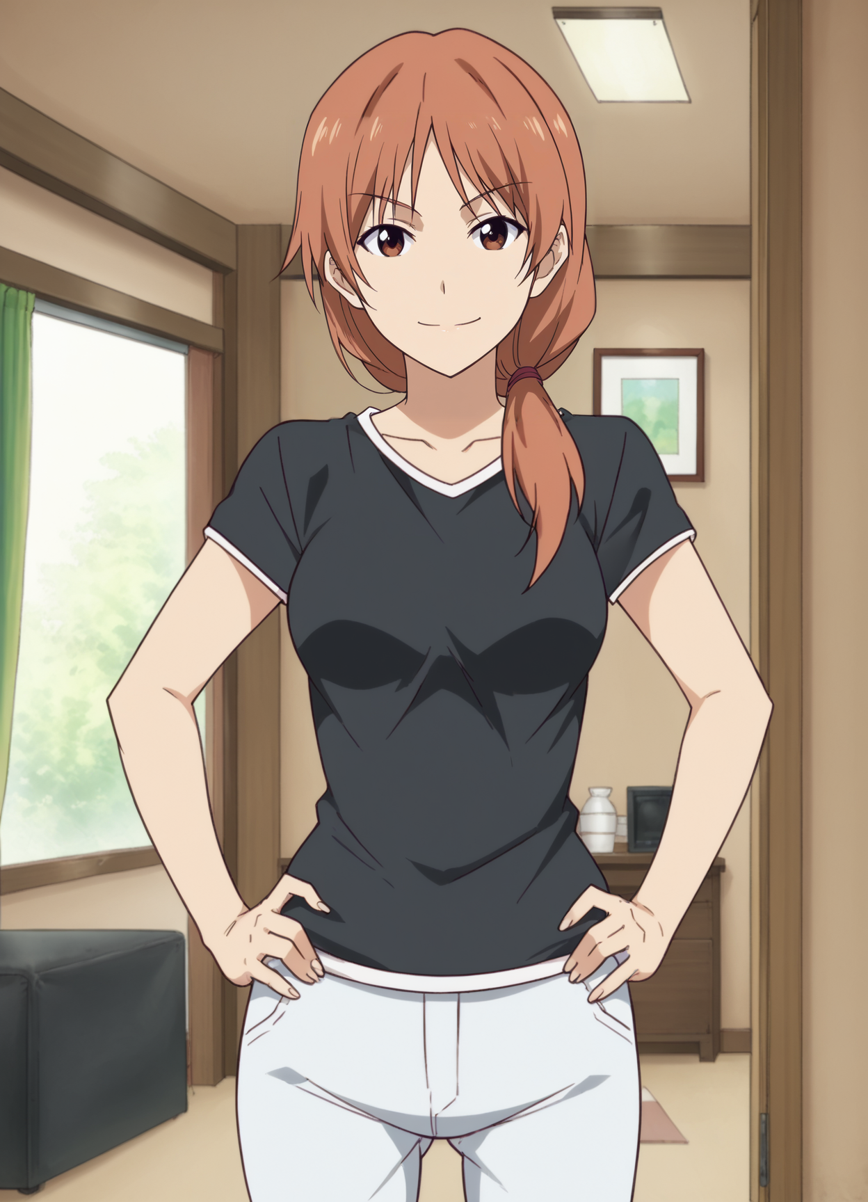<lora:Yoshie_Hanabatake-Aho_Girl:0.9>,mm,mature female,1girl,solo,long hair,brown hair,brown eyes,hair over shoulder,breasts,shirt,pants,cowboy shot,hands on own hips,looking at viewer,indoors,smile
