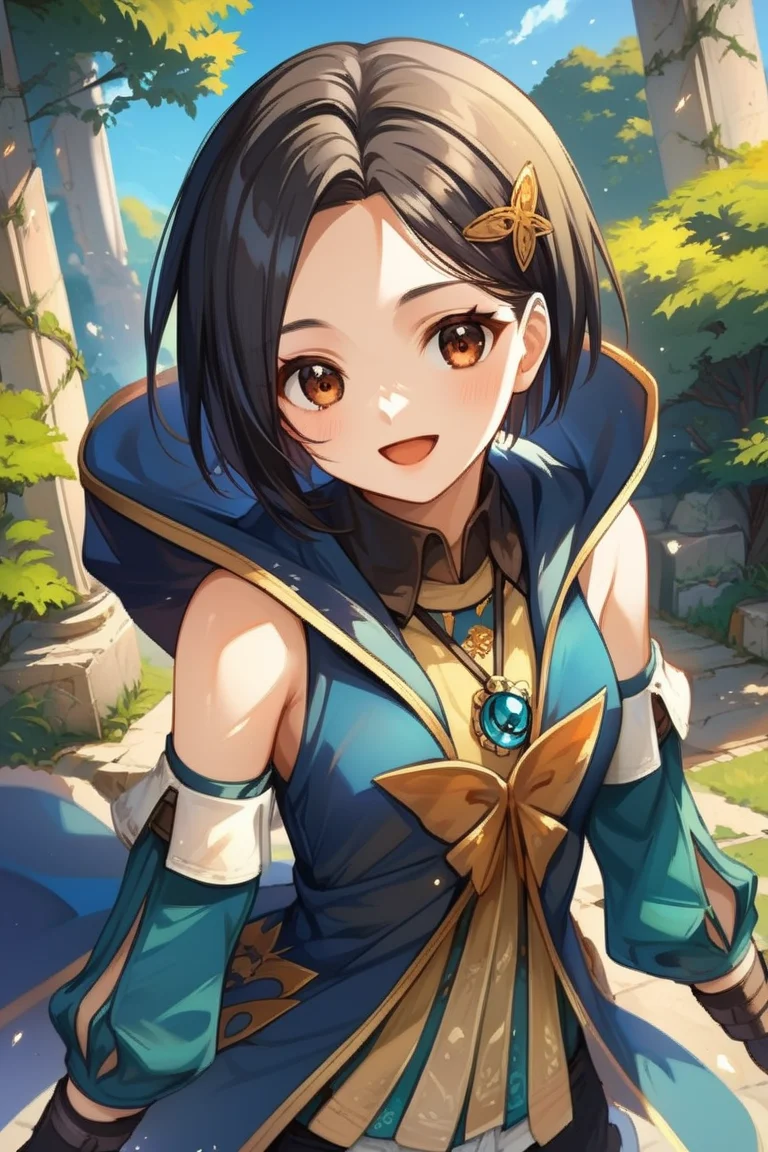 score_9, score_8_up, score_7_up, very aesthetic, source_anime, detailed, high quality, beautiful, masterpiece, detailed eyes,
<lora:lightXL:0.8>
forest, tree, ruins,
cowboy shot, close up, dynamic angle, upper body, light smile, open mouth,
small breasts, dynamic pose,
<lora:rinwell_autismConfetti_v01:0.99>
1girl, black hair, brown eyes, hairpin, parted bangs, short hair, pendant, hood down, sleeveless jacket, detached sleeves, puffy shorts, blue cloak, black footwear, zettai ryouiki, thighhighs,