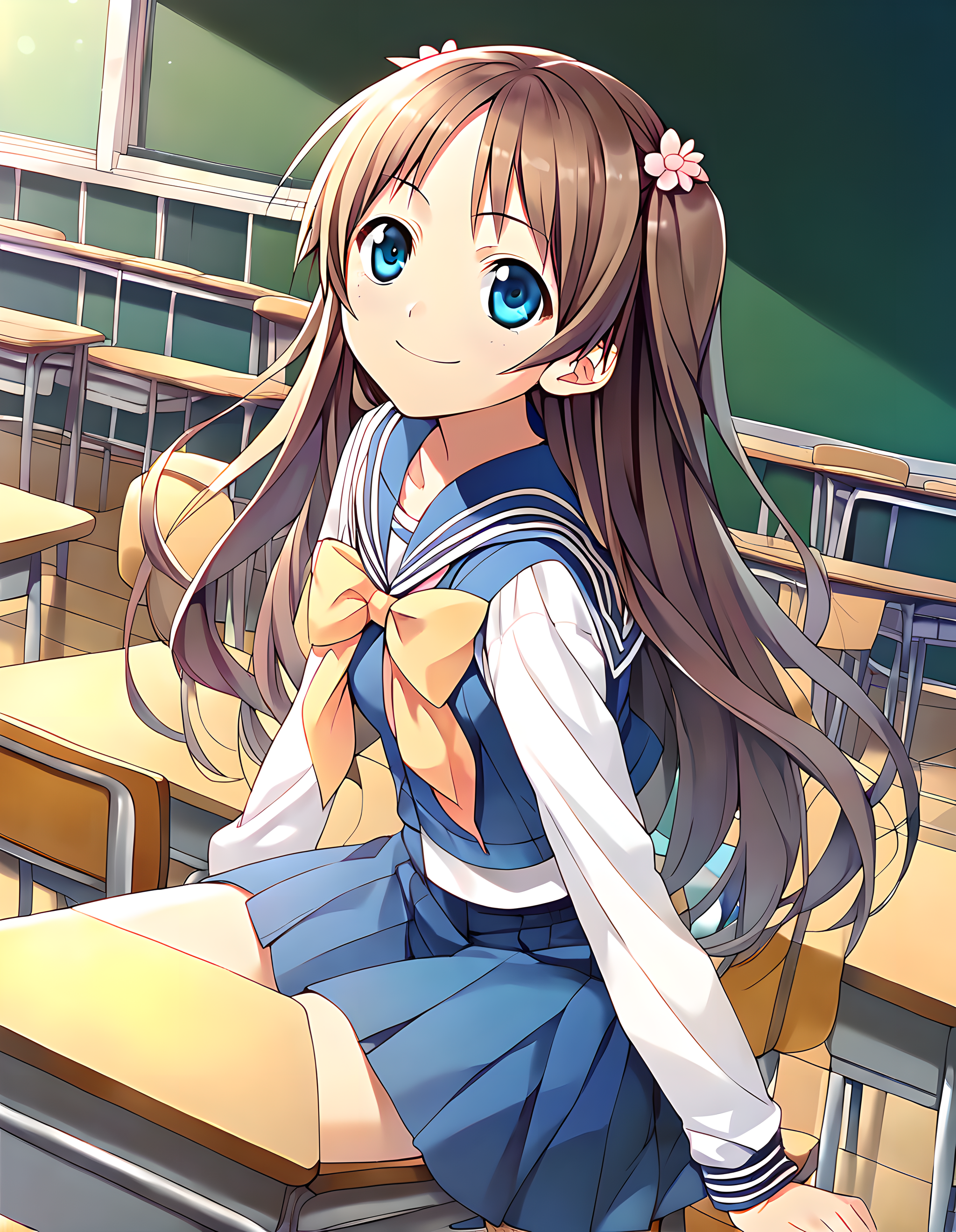 <lora:pony_xl_natsuha:0.8>,natsuha,score_9,score_8_up,score_7_up,source_anime,1girl,cowboy_shot,classroom,sitting_on_chair,:d,smile,sailor,